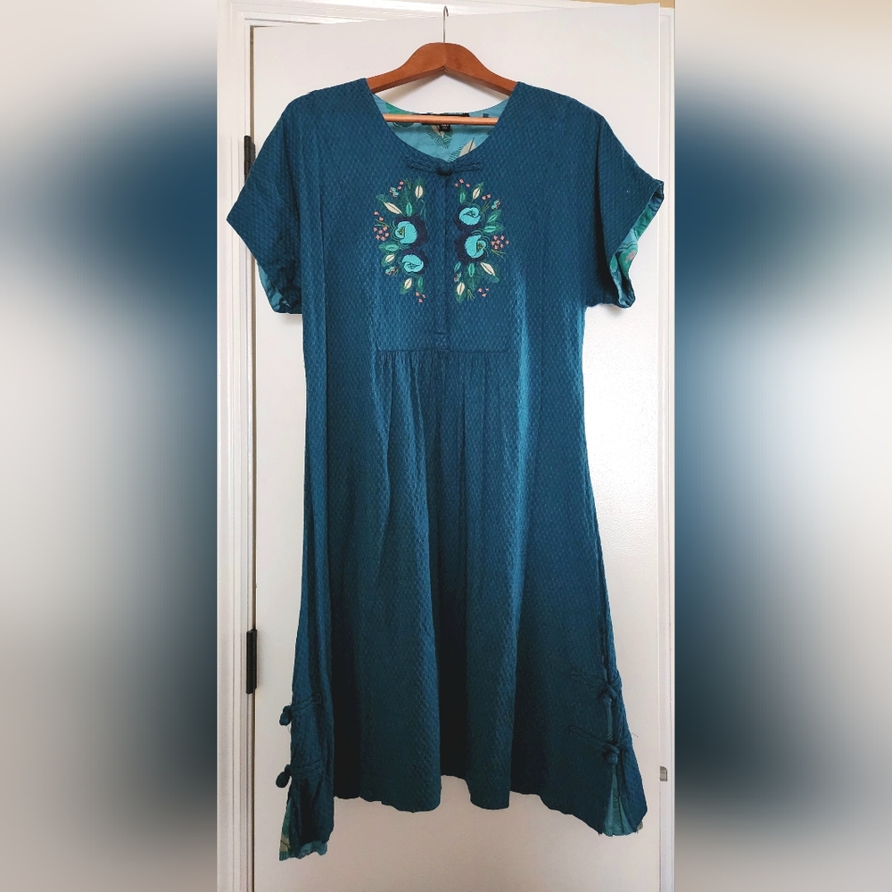 Gudrun Sjõdén Teal Floral Embroidered Women's Dress Sz M